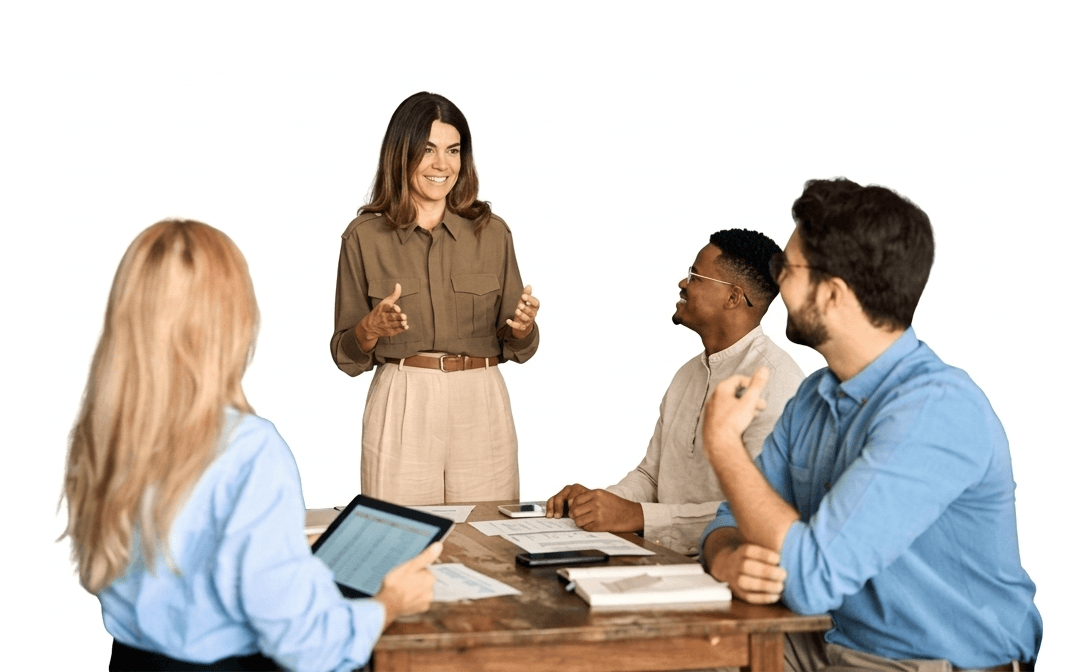 A product team collaborating around laptops at a shared table