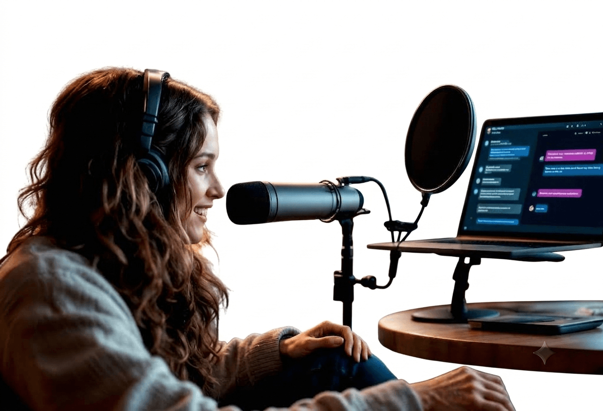 A studio microphone and headphones set up for a voice recording session